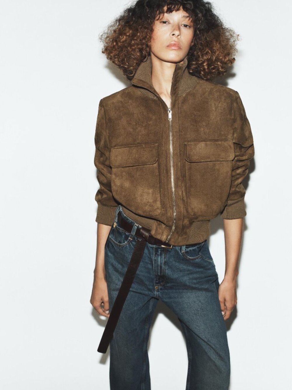 Zara faux suede rib high collar bomber jacket - small